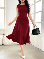 Vestido Elegante Feminino Midi Sem Manga Cintura Franzida com Babados