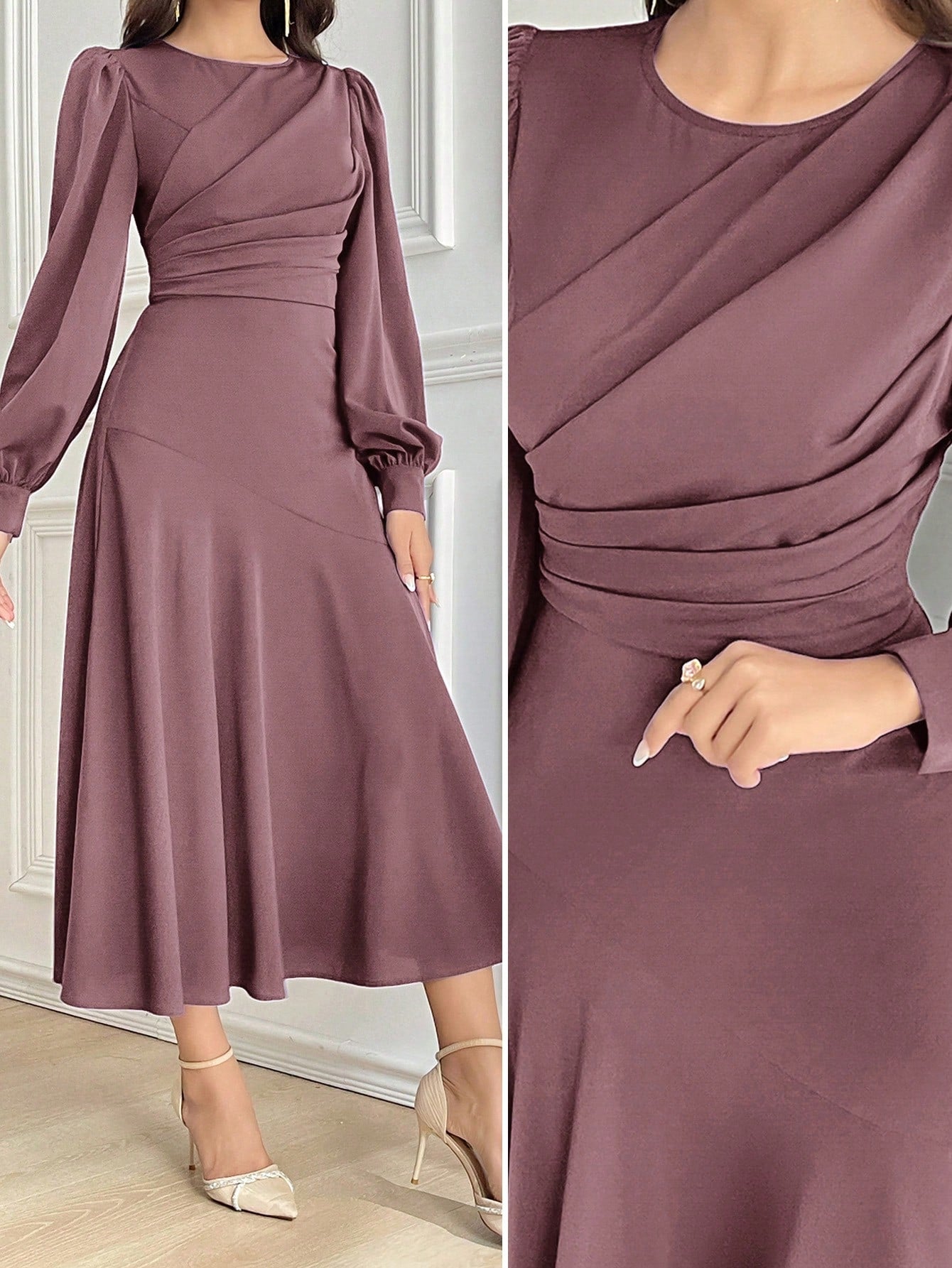 Vestido Midi Elegante Acinturado Manga Comprida