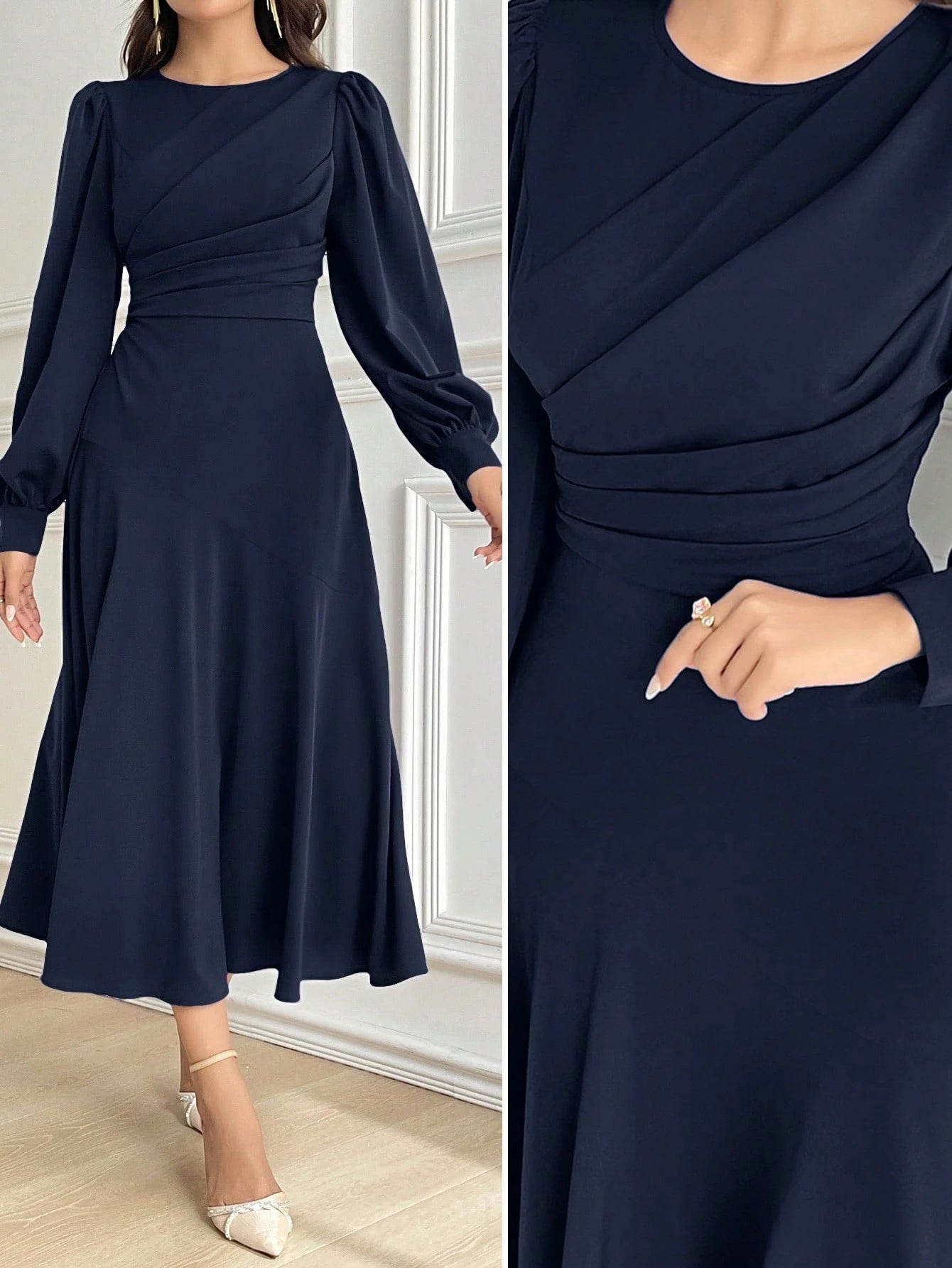 Vestido Midi Elegante Acinturado Manga Comprida