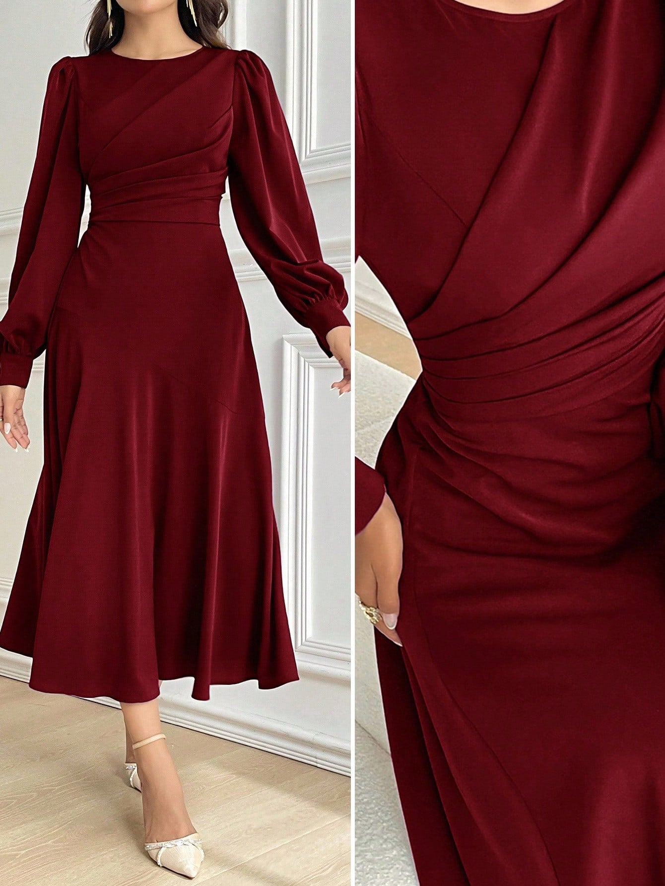 Vestido Midi com Manga Bufante e Cintura Marcada
