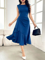 Vestido Elegante Feminino Midi Sem Manga Cintura Franzida com Babados