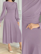 Vestido Midi Elegante Acinturado Manga Comprida