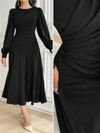 Vestido Midi Elegante Acinturado Manga Comprida