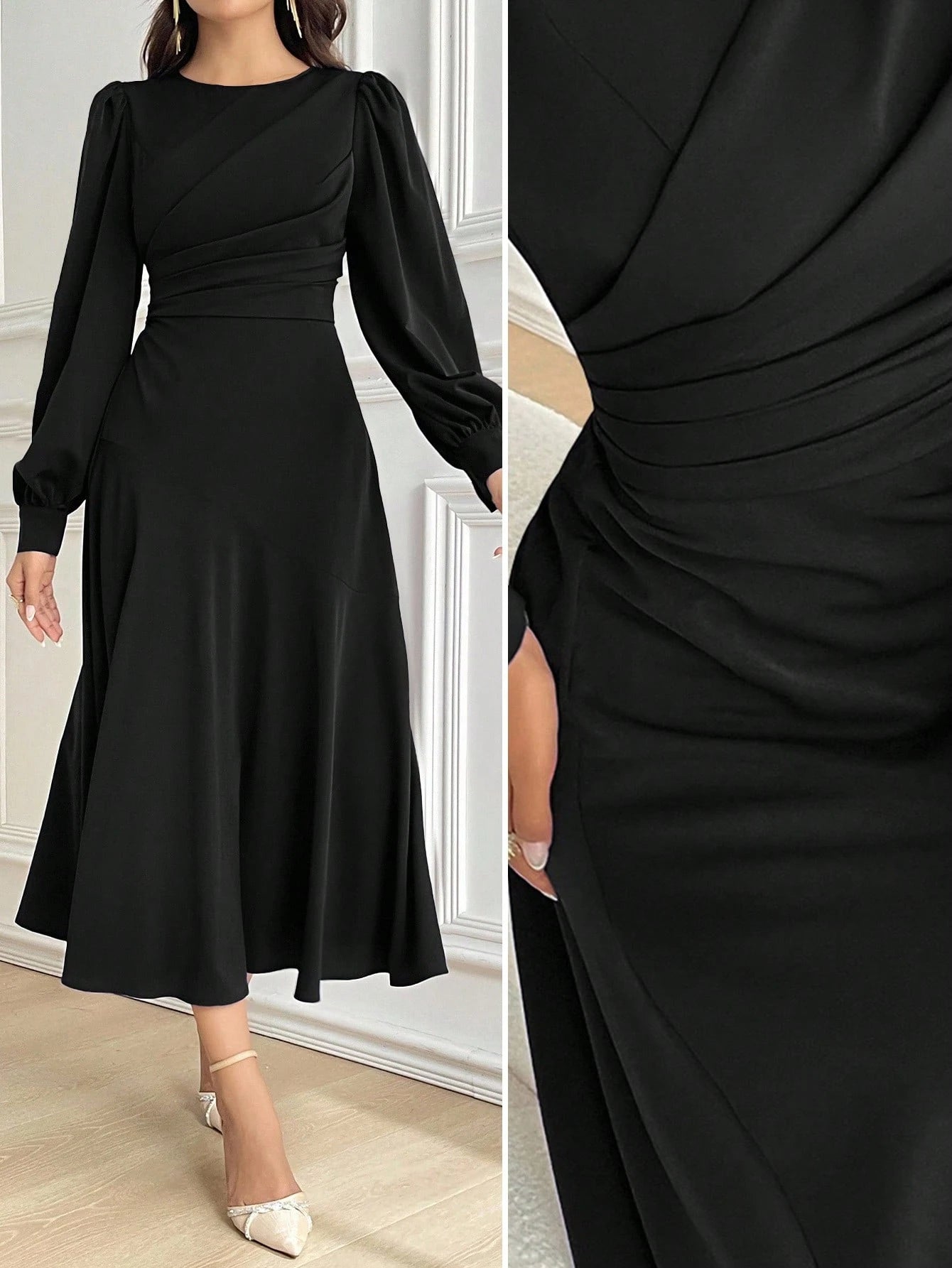 Vestido Midi Elegante Acinturado Manga Comprida