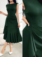 Vestido Elegante Feminino Midi Sem Manga Cintura Franzida com Babados