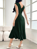 Vestido Elegante Feminino Midi Sem Manga Cintura Franzida com Babados