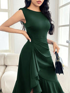Vestido Elegante Feminino Midi Sem Manga Cintura Franzida com Babados