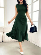 Vestido Elegante Feminino Midi Sem Manga Cintura Franzida com Babados