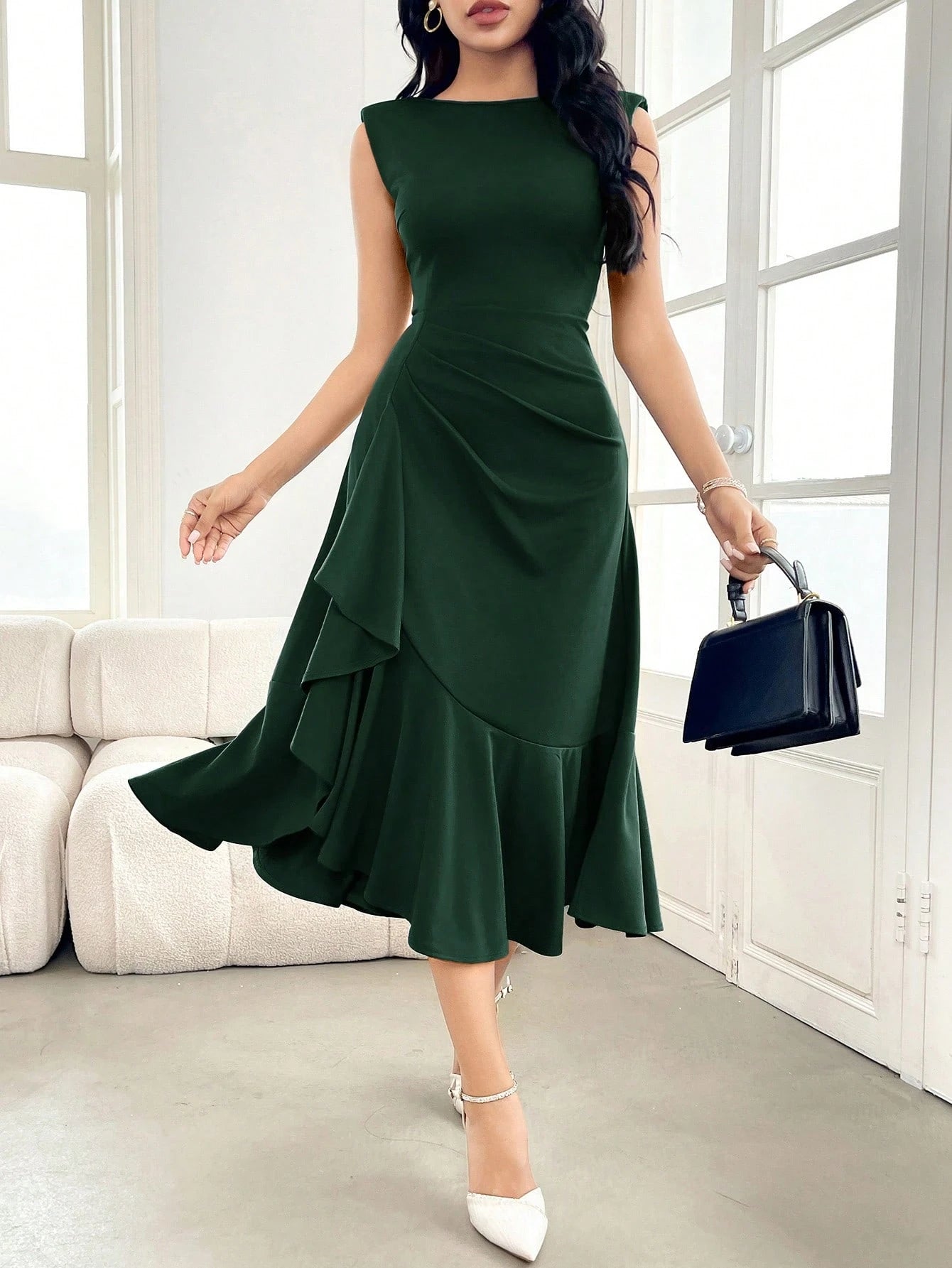 Vestido Elegante Feminino Midi Sem Manga Cintura Franzida com Babados