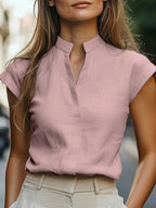 Camisa Feminina Elegante Manga Curta com Decote V Entalhado