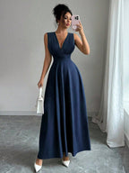 Vestido Longo Sem Manga Feminino Decote V Cintura Franzida Convidada Festa 