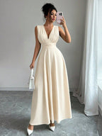 Vestido Longo Sem Manga Feminino Decote V Cintura Franzida Convidada Festa 