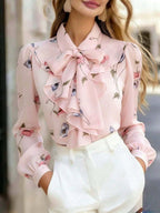 Blusa Feminina Manga Longa com Laço no Pescoço Floral