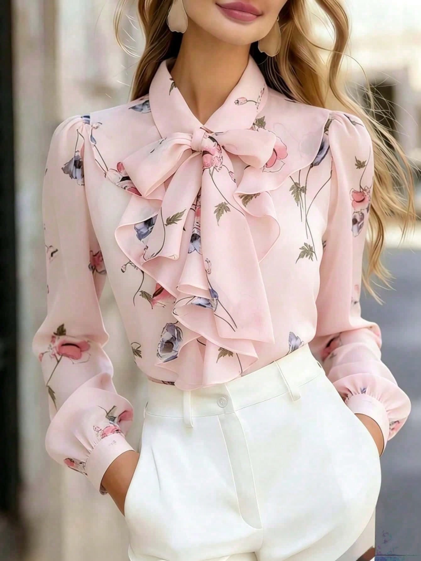 Blusa Feminina Manga Longa com Laço no Pescoço Floral