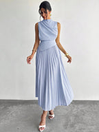 Vestido Midi Elegante Plissado Feminino Sem Mangas