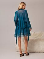 Conjunto Camisola Feminina e Robe de Manga Longa com Renda 