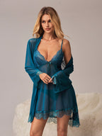 Conjunto Camisola Feminina e Robe de Manga Longa com Renda 
