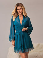 Conjunto Camisola Feminina e Robe de Manga Longa com Renda 