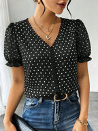 Blusa Jacquard com Decote em V, Tops de Manga Curta