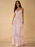 Silquee Vestido Elegante de Alça Fina com Bainha Camadas para Banquete/Encontro
