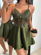 Dream Adore Vestido Slip Feminino com Decoração de Laço em Cetim Falso de Seda, Renda e Espinha de Peixe, Sexy e Maduro
