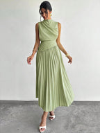 Vestido Midi Elegante Plissado Feminino Sem Mangas