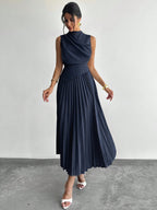 Vestido Midi Elegante Plissado Feminino Sem Mangas