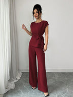 Elenzga Blusa Casual Elegante de Escritório Azul com Laço Ajustável na Cintura + Calça Casual Elegante de Escritório com Cintura Alta, Bolsos e Perna Larga