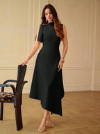 Vestido Midi Feminino Elegante Bainha Assimétrica com Detalhe no Ombro