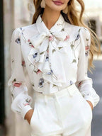 Blusa Feminina Manga Longa com Laço no Pescoço Floral