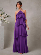 L'Amorae Elegante Vestido Longo Chiffon Romântico de Convidada de Casamento com Decote Halter e Babados