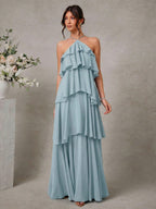 L'Amorae Elegante Vestido Longo Chiffon Romântico de Convidada de Casamento com Decote Halter e Babados