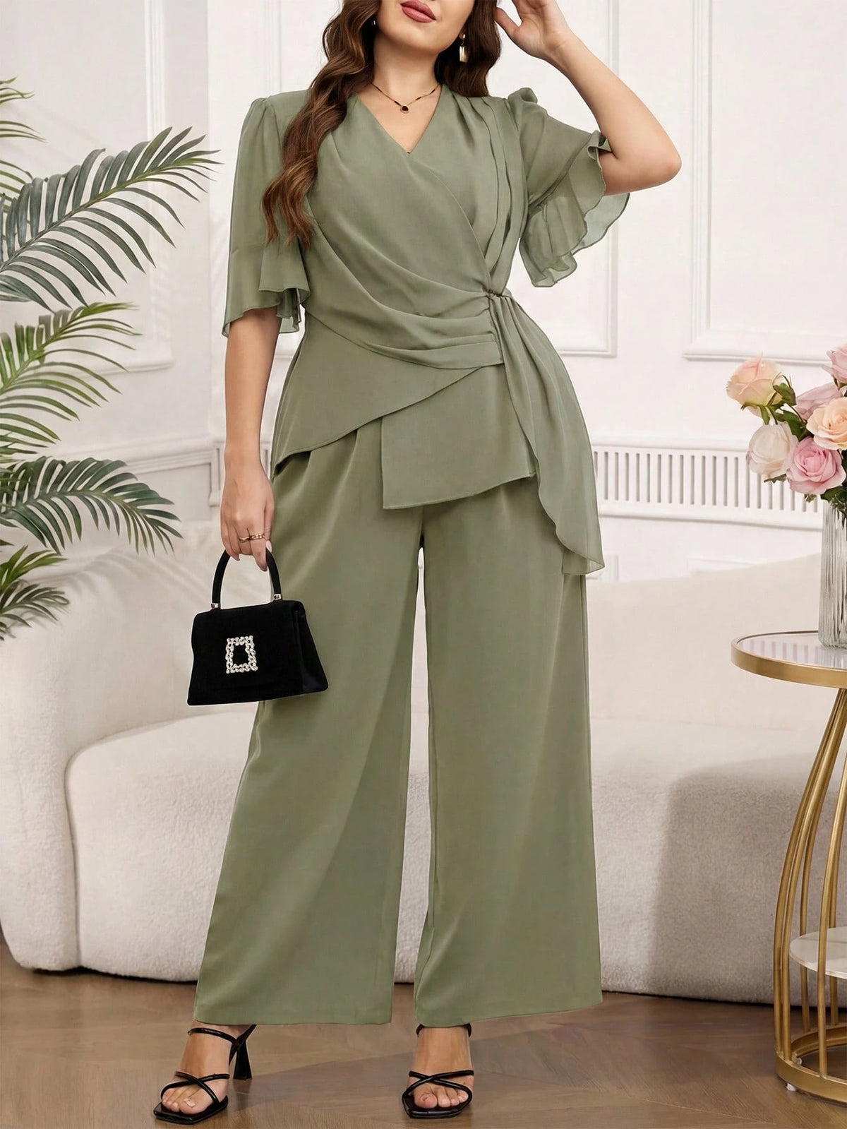 Conjunto de Festa Plus Size Blusa com Babados e Calça Soltinha