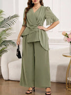 Conjunto de Festa Plus Size Blusa com Babados e Calça Soltinha