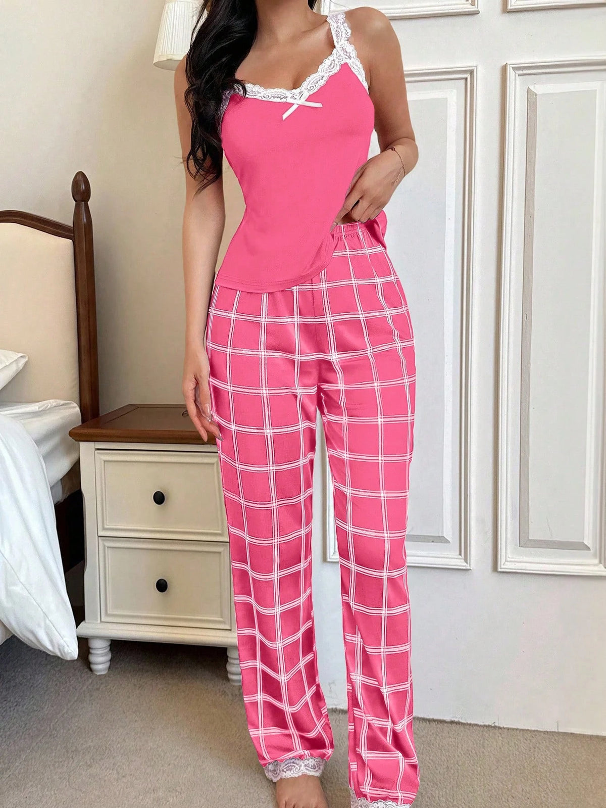  Pijama Feminino de Malha Regata e Calça Xadrez