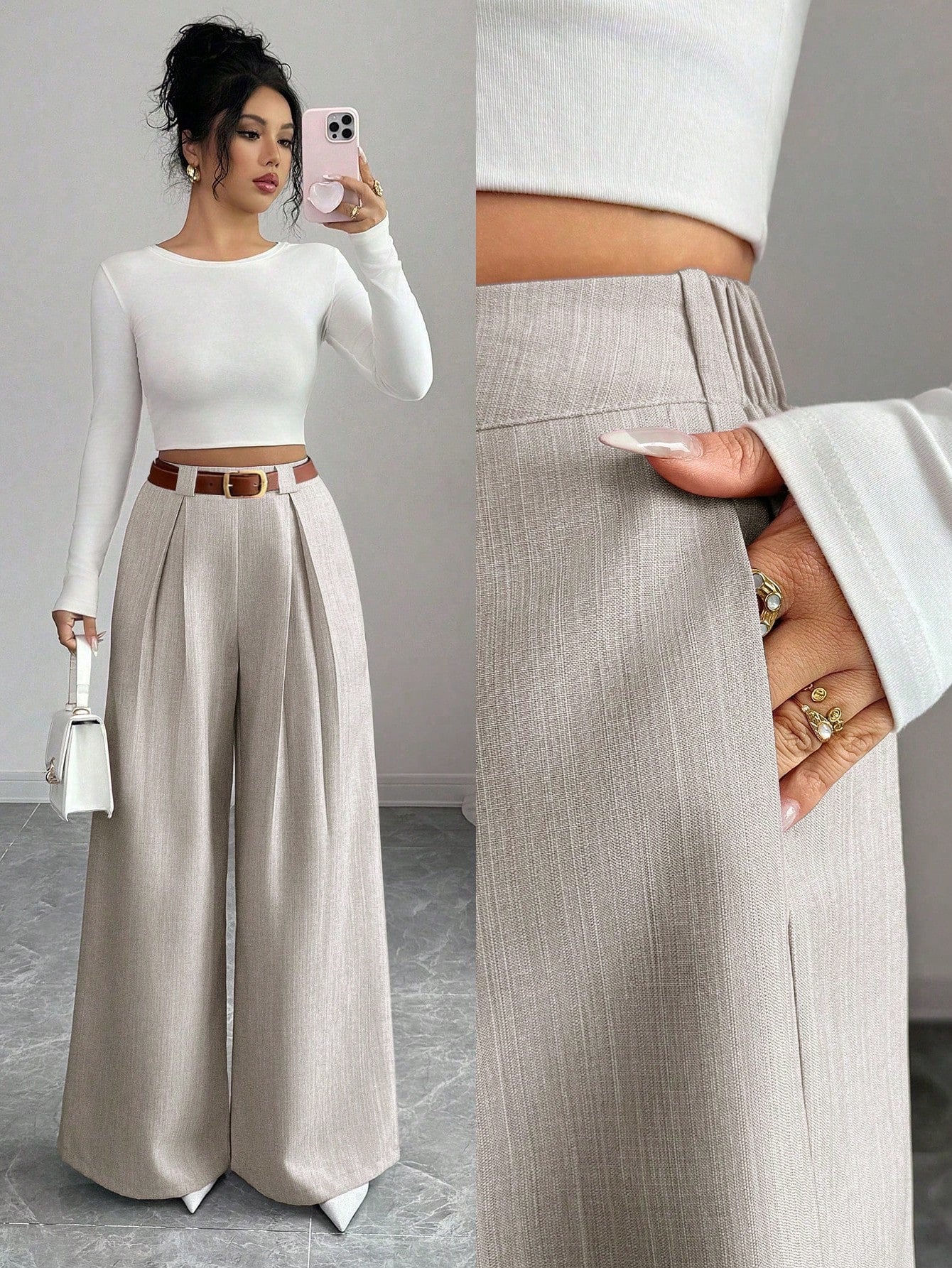 Calça Pantalona Feminina de Alfaiataria com Pregas e Bolso