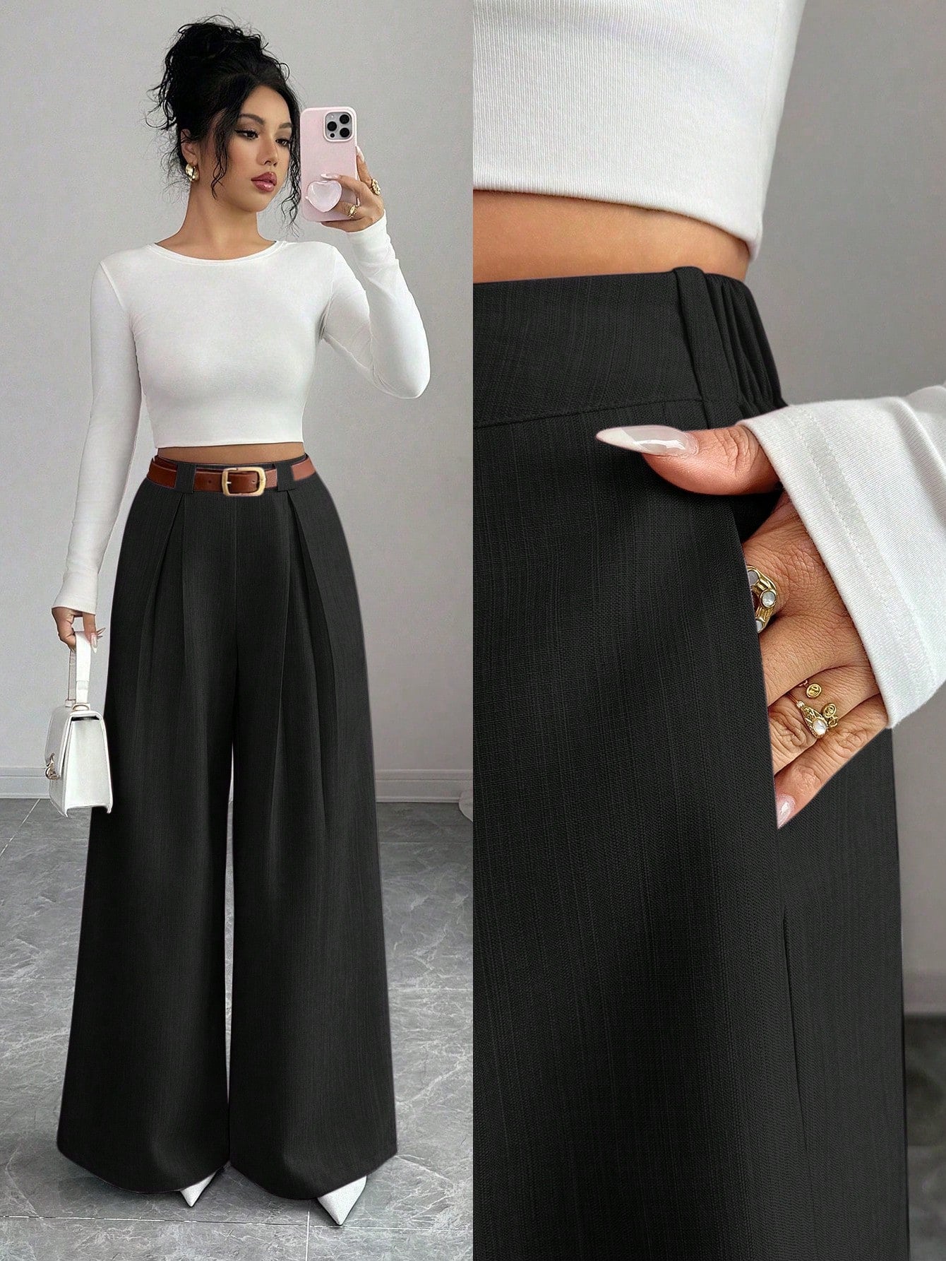 Calça Pantalona Feminina de Alfaiataria com Pregas e Cintura Elástica