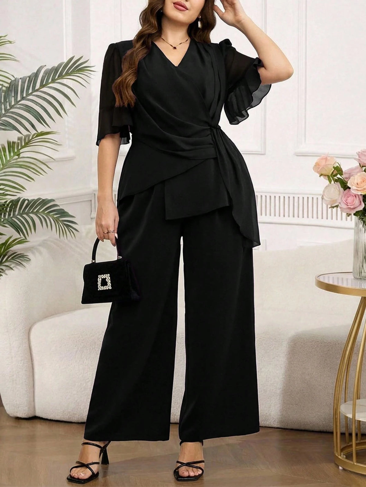 Conjunto de Festa Plus Size Blusa com Babados e Calça Soltinha