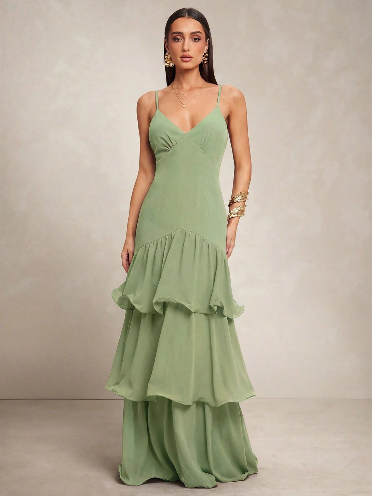 Silquee Vestido Elegante de Alça Fina com Bainha Camadas para Banquete/Encontro