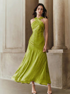 Vestido Longo Feminino Gola Princesa Forrado Elegante Cintura Para Convidada