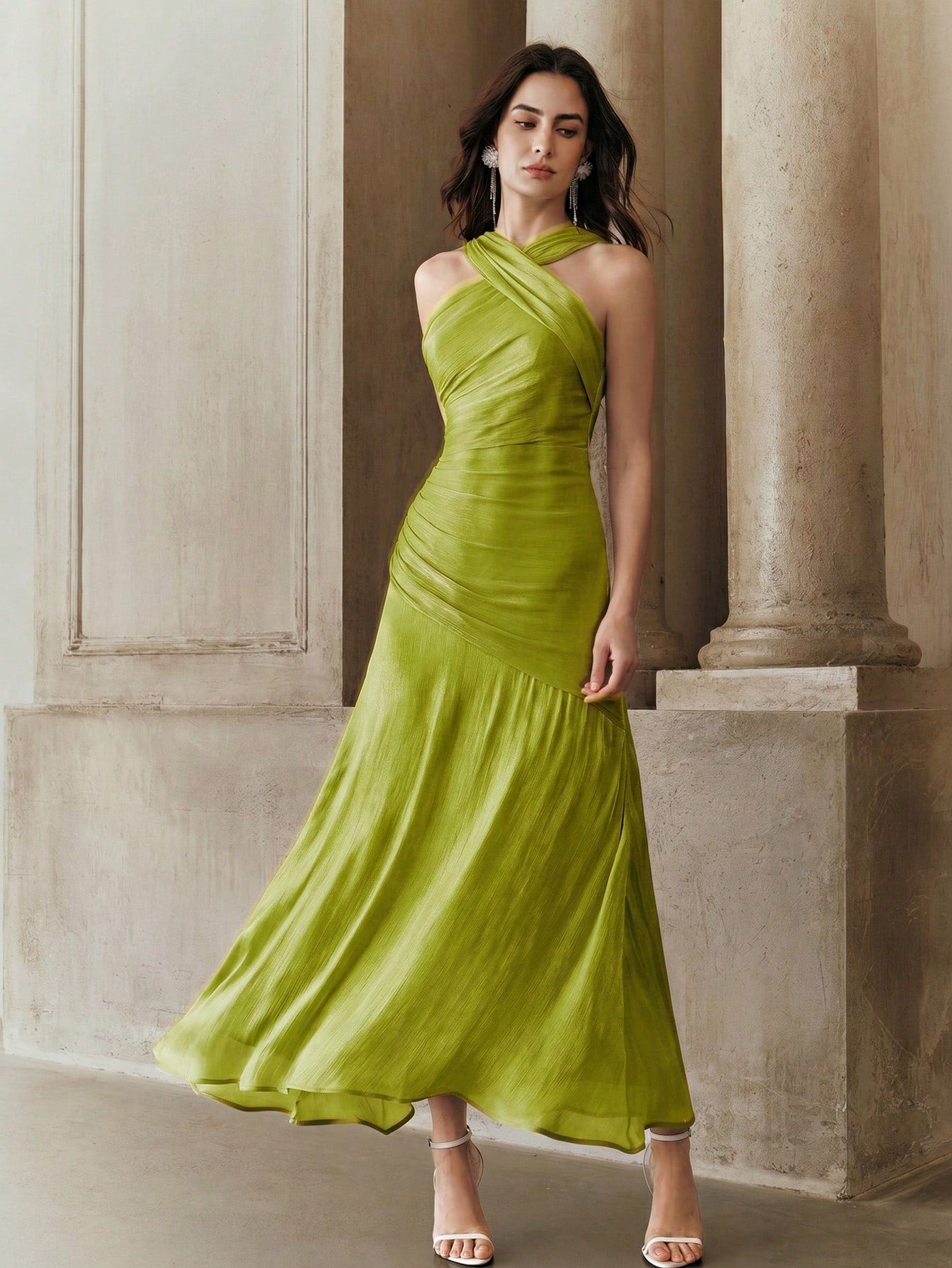 Vestido Longo Feminino Gola Princesa Forrado Elegante Cintura Para Convidada