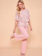 Amorya Conjunto de 2 Peças Top e Calça Elegante Romântico com Bordado Floral para Mulheres, Casamento, Festa no Jardim, Despedida de Solteira, Cerimônia de Cidadania, Verde Sálvia, Verão
