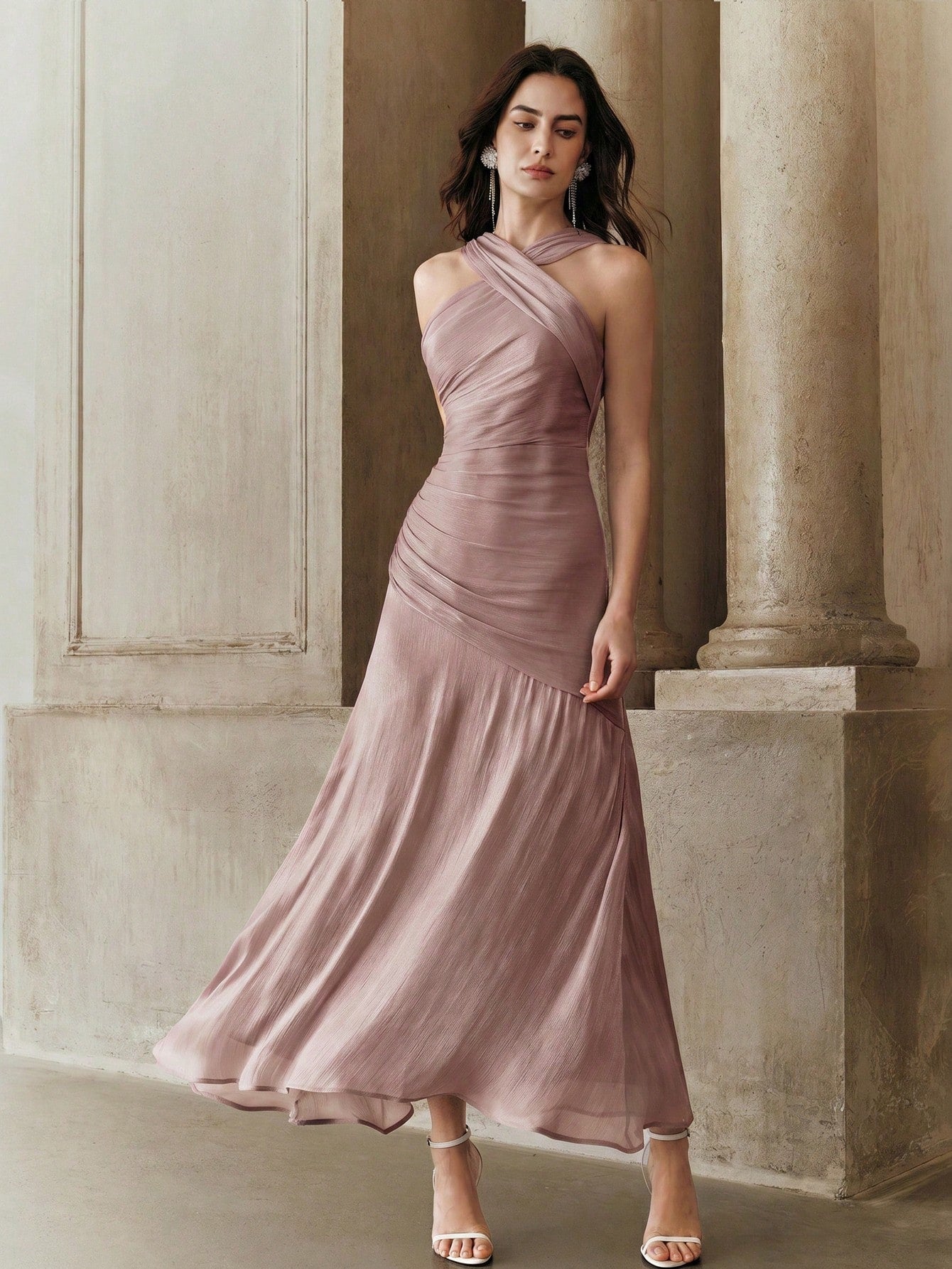 Vestido Longo Feminino Gola Princesa Forrado Elegante Cintura Para Convidada
