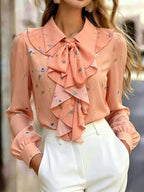 Blusa Feminina Manga Longa com Laço no Pescoço Floral