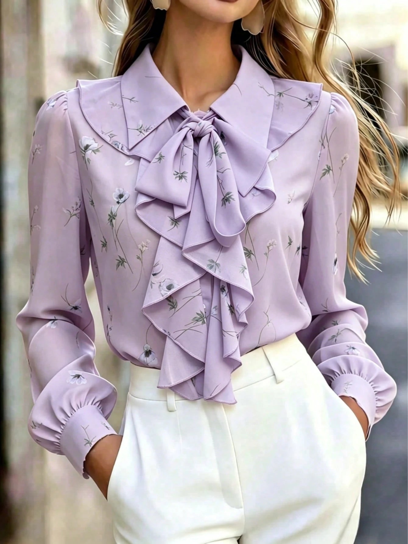 Blusa Feminina Manga Longa com Laço no Pescoço Floral