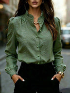 Camisa Feminina Elegante Manga Longa Bufante Bordado Floral