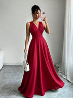 Vestido Longo Sem Manga Feminino Decote V Cintura Franzida Convidada Festa 