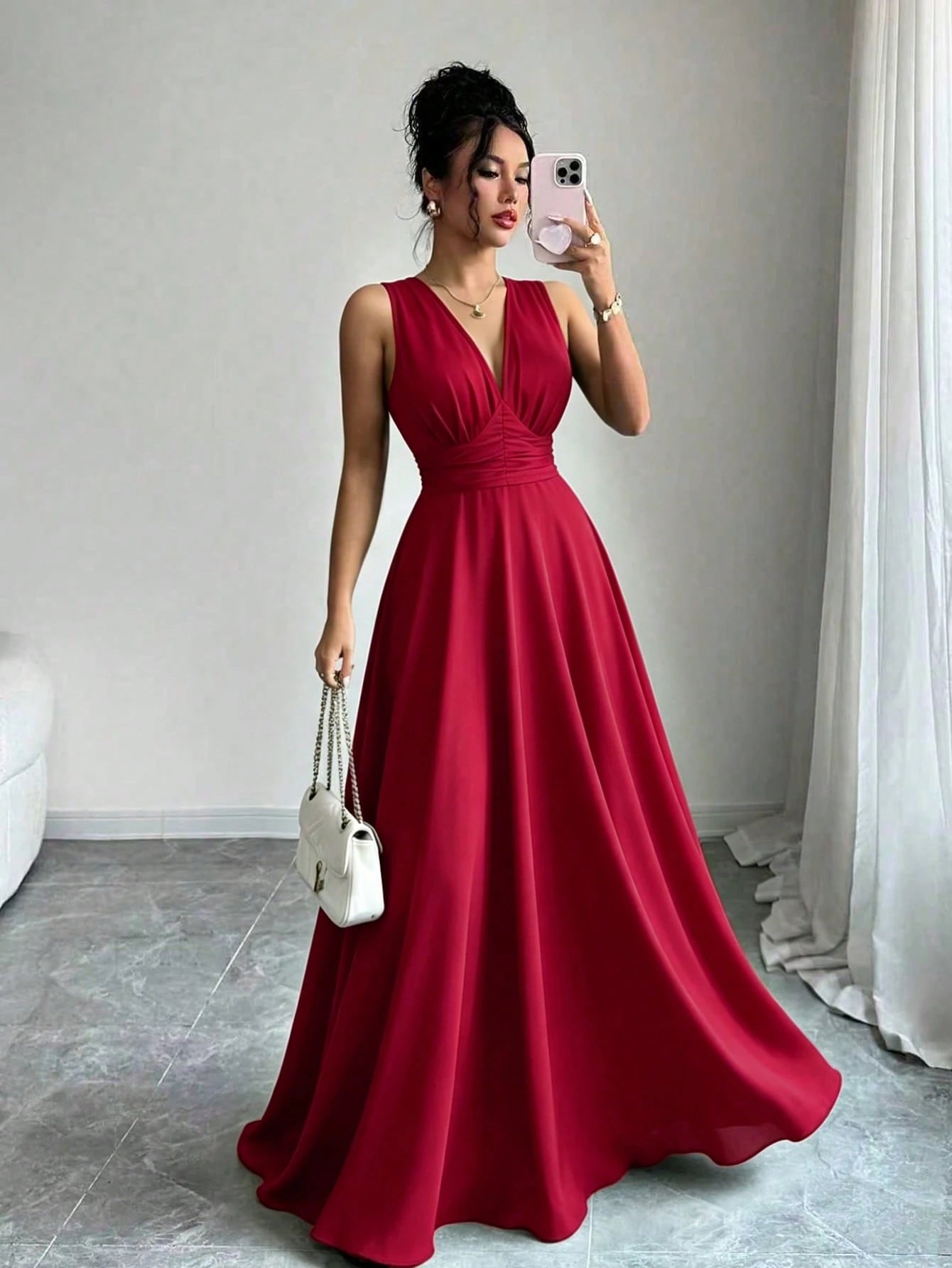 Vestido Longo Sem Manga Feminino Decote V Cintura Franzida Convidada Festa 