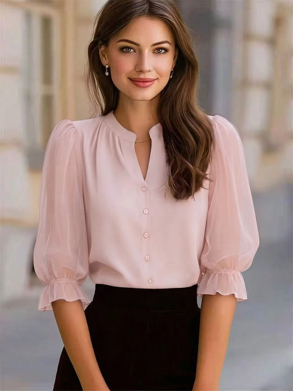 Blusa Feminina Elegante com Gola Redonda, Manga 3/4, Manga Pétala em Tule Transparente, Botões, Rosa, Profissional, Primavera/Verão, Trabalho e Casual
