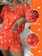 Pijama Feminino Malha Canelada Floral Blusa e Short